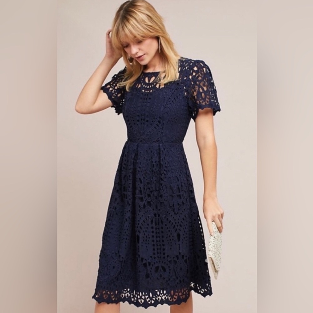 Anthropologie Eri + Eli Navy Eyelet Lace Dress Short Sleeve A-Line Size Med